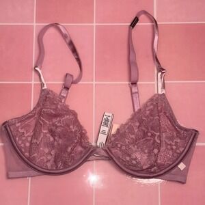 Victorias Secret Unlined Demi Bra 32D Lavender Purple Floral Lace Underwire NWT